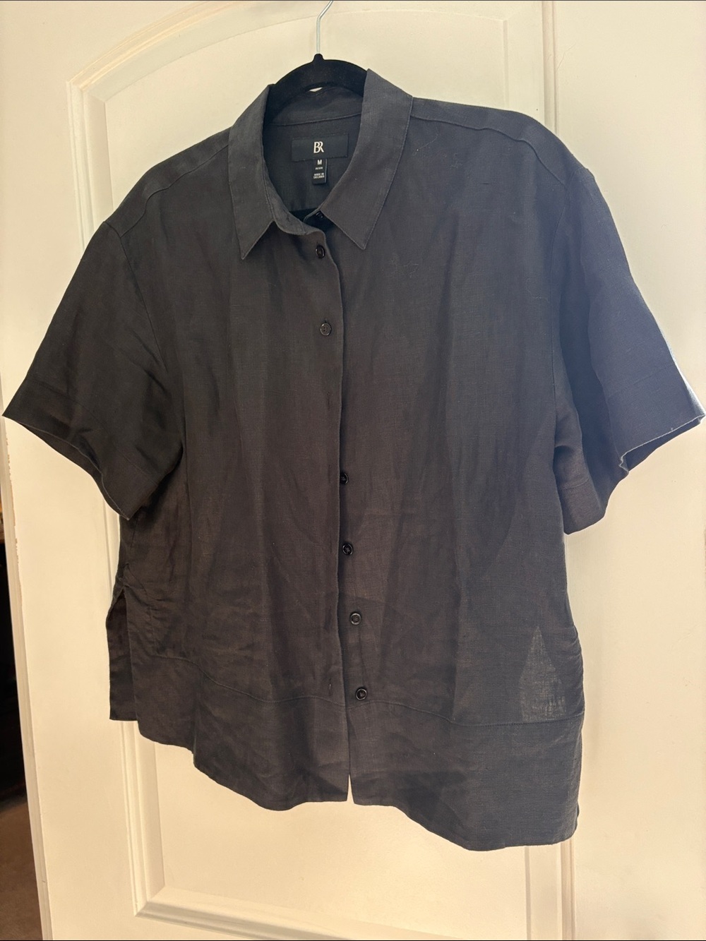 100% Linen Banana Republic Black Short-Sleeve Button-Up Shirt